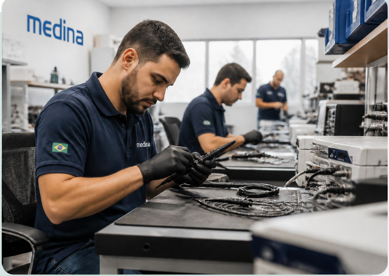Equipe técnica da Medina Hospitalar em atendimento em bancada